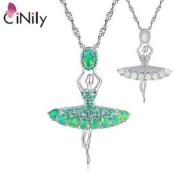 CiNily – collier en opale de feu vert/blanc pour femmes avec pendentif de Ballet plaqué argent en