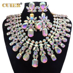 CuiEr-Ensemble collier et boucles d'oreilles en verre super bling bling drag queen grande taille