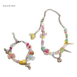 XXFD – Bracelet et collier de perles colorés pour filles bijoux de dessin animé cadeau idéal pour