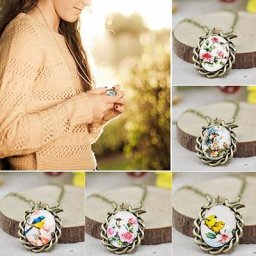 Collier Vintage fleur oiseau elliptique pour femmes Cabochon en verre pendentif chaîne 6XOQ 7ELX
