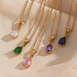 Collier pendentif goutte d'eau en cristal coloré pour mariage acier inoxydable plaqué or étanche