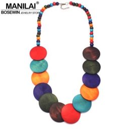 MANILAI – Long collier de perles en bois pour femmes bijoux à la mode style bohème multicolore