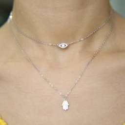Lucky Hamsa Evil Eye Cham Dstressfor Women Dual Layer Chain Real 925 Silver Paped Cz Jewelry New