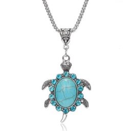 Collier Vintage tortue de mer pour femmes ras du cou pendentif Animal bleu couleur argent chaîne