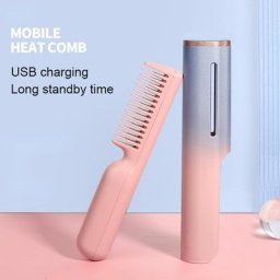 Peigne Chauffant Sans Fil 2 en 1 Mini Lisseur à Recharge USB Chauffage Rapide Ion Négatif Soins