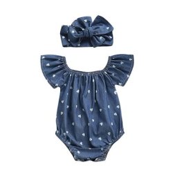 Ensemble 2 pièces pour bébés filles de 0 à 24 mois barboteuse pour nouveau-né imprimé cœur + nœud