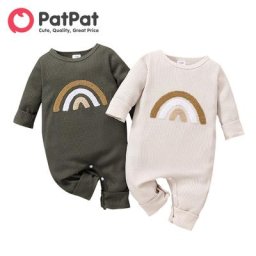 PatPat-Combinaison gaufrée brodée arc-en-ciel pour bébé garçon manches longues