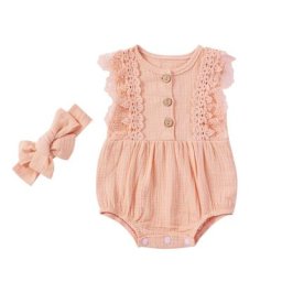 Ensemble 2 pièces pour nouveau-né fille tenue pour bébé barboteuse et bandeau en dentelle sans