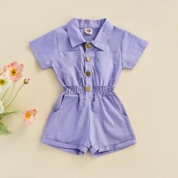 Combishort d'été pour filles couleur unie revers manches courtes boutons Short avec poches