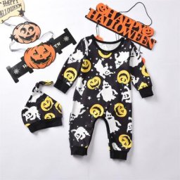 Tenues pour garçons et filles barboteuse imprimée de citrouille d'halloween ensemble de chapeaux