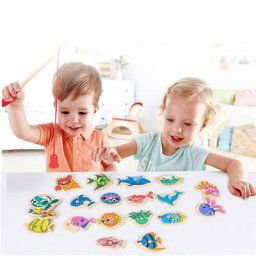 Jouet de pêche magnétique en bois Montessori pour bébé dessin animé Cognition de la vie Marine