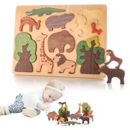 Jouet en bois Montessori pour enfants Puzzle d'animaux de la forêt blocs de Cognition à empiler