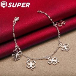 Bracelet à breloques en argent regardé 925 pour femme pendentif à quatre cuir chevelu bijoux de