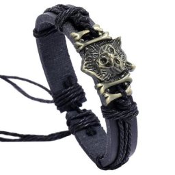 Bracelets Vintage en cuir noir avec tête de loup pour hommes et femmes en corde tressée rétro