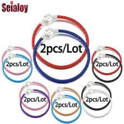 Seialoy-Lot de 2 bracelets ronds en cuir véritable pour couple garçon fille enfant cadeau perlé