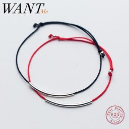 WANTME – Bracelet à perles tubes incurvées en argent Sterling 925 Long corde rouge et noire