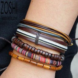 Bracelets en cuir et perles de bois ethniques pour hommes et femmes breloques tissées à la main