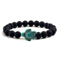 Bracelet en pierre de lave noire pour hommes et femmes tortue naturelle brin de perles de tortue