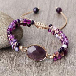 Bracelet enroulé en pierre d'agate cristal violet chaîne à breloques tressée perles de Yoga