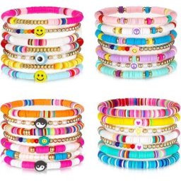 Ensemble de 4 bracelets colorés 28 pièces en molleton motif mauvais œil perlés argile