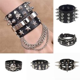 Bracelet Punk gothique avec tête de mort pour femmes en cuir noir grande taille à une rangée de