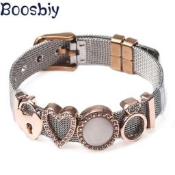 Boosbiy-Bracelet de marque en maille d'acier inoxydable pour femme breloques coeur et serrure en