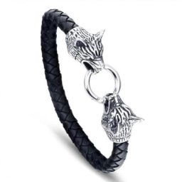 Bracelet en cuir noir pour hommes Vintage Punk Viking métal tête de loup tissé à la main