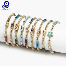 Lucky Eye-Bracelet en Perles de Pierre Ajustable Étoile de Cuivre Ronde Main de Fatima Mauvais