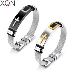 XQNI – bracelet à rayures noires pour hommes en maille en acier inoxydable Design croisé
