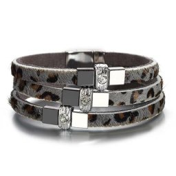 ALLYES – Bracelet en cuir léopard pour femme breloque deux tons carré incrusté de strass bohème