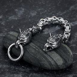 Bracelet à maillons viking à deux têtes pour hommes breloque dominatrice manchette en acier