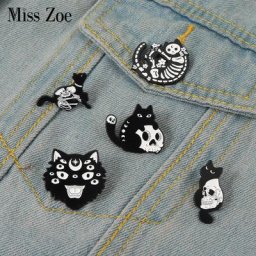 Épingle gothique en émail pour chat crâne squelette chats sorcières Badge broches à revers sac