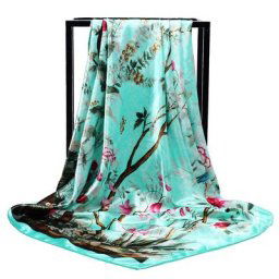 Grand Foulard Carré Imprimé de Fleurs et d'Oiseaux pour Femme Châle de Marque de Luxe Bandana