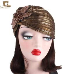 Turban métallique brillant à volants pour femmes casquette de mariage avec fleur perlée indien