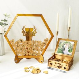 Boîte de dépôt de livre d'or en bois brun hexagonal avec support boîte en contreplaqué et 100 cœurs