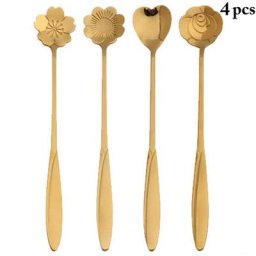 Cuillère en or à long manche en acier inoxydable design de fleurs Dessert Thé Café Assad
