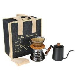 Ensemble de cafetière à col de cygne noir support de filtre en bois Pour serveur en verre en