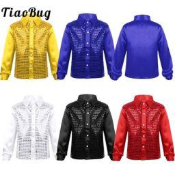 Chemise à Paillettes Brillante à Manches sulfpour Garçon Costume de brevJazz Latine Hip Hop de