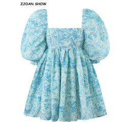 Robe de Rhen coton bleu princesse pour femmes col carré manches bouffantes rétro balançoire