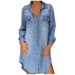 Robe Chemise en Denim à Manches sulfpour Femme Vêtement Décontracté à la Mode Boutonnée vers le