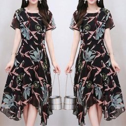 Robe longue en mousseline de soie pour femmes imprimé floral ligne A col rond t-shirt long
