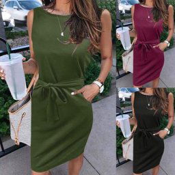 Robe chemise mi-longue décontractée à col rond pour femmes poche fibraught mode simple été 2023