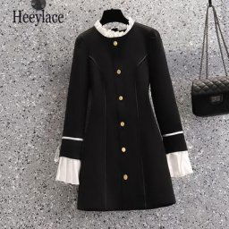 Robe à simple boutonnage pour femme col à volants nœud manches évasées patchwork robes noires