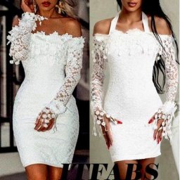 Robe courte en dentelle brodée pour femmes Sexy épaules dénudées manches longues moulante Slim