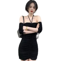 Robe d'été courte à manches courtes pour femmes sac serré à la hanche avec cordon de serrage