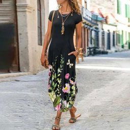 Robe longue à manches courtes et col rond pour femme robe d'été élégante pour femme robe de soirée