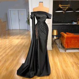 Robe de soirée sirène en satin avec perles noires robes de soirée robe de Rhformelle longues