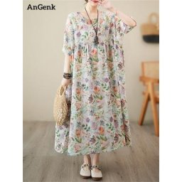 Robes vintage surdimensionnées en coton à manches courtes pour femmes robe de plage de vacances