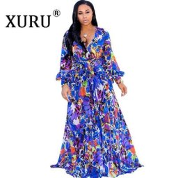 XURU Robe longue en mousseline de soie de plage bohème femmes robe imprimée à manches longues col en