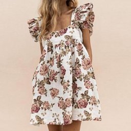Mini robe Chic à col carré pour femmes manches à volants imprimé Floral grandes poches à ourlet